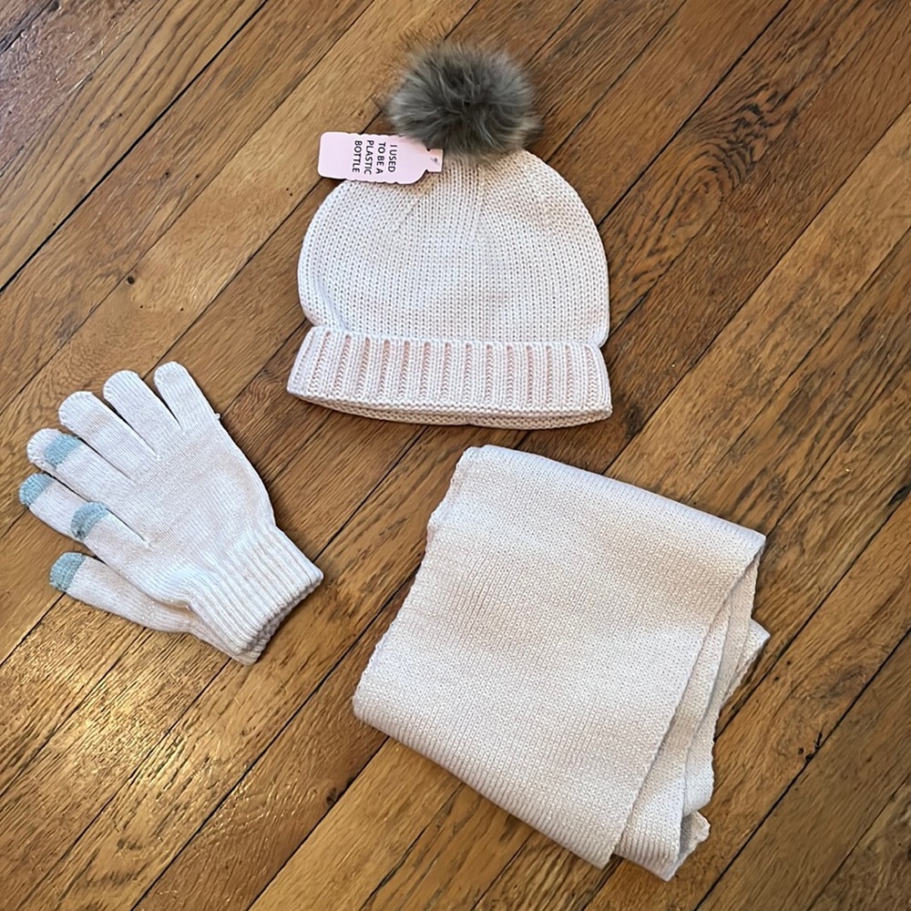 Three piece scarf, gloves, and hat set. Pale pink with gold sparkles.